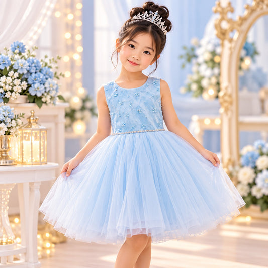 Handmade light blue princess dress for girls with tulle skirt and pearl embellished bodice