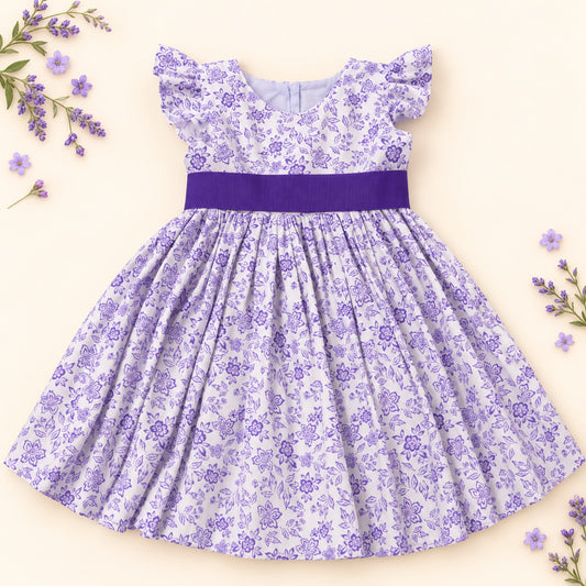 Front view of a white and purple floral 100% cotton girls dress with ruffle sleeves and contrasting purple waistband