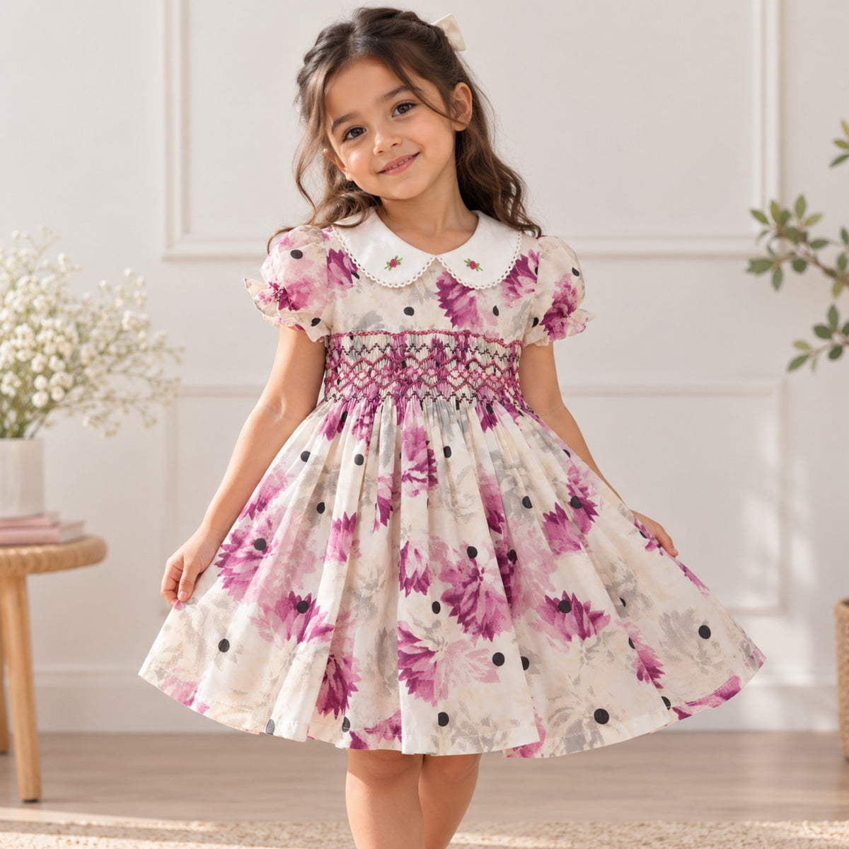 Front view of purple floral hand-smocked 100% cotton girls dress with Peter Pan collar and lace trim