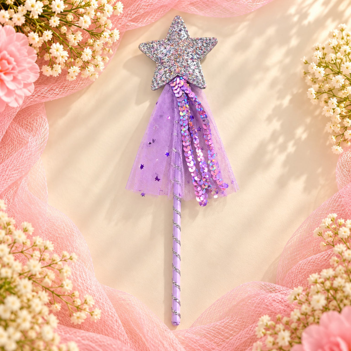 Purple glitter star princess wand with lavender tulle and pink-purple sequins