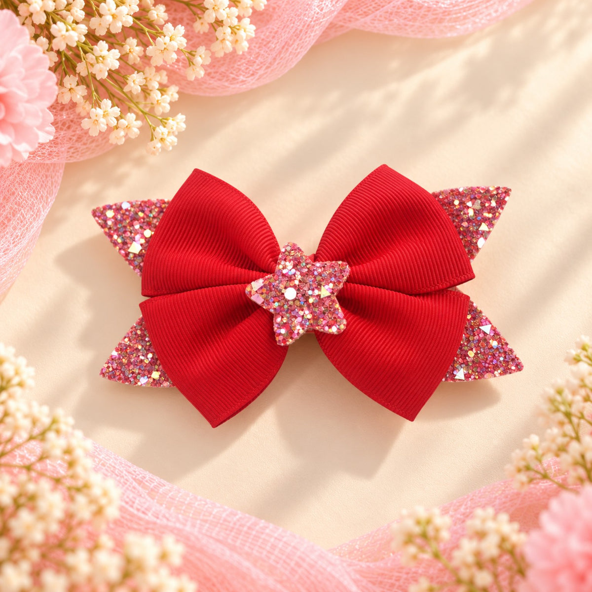 Red grosgrain ribbon bow hair clip with glitter star centre and sparkling tails