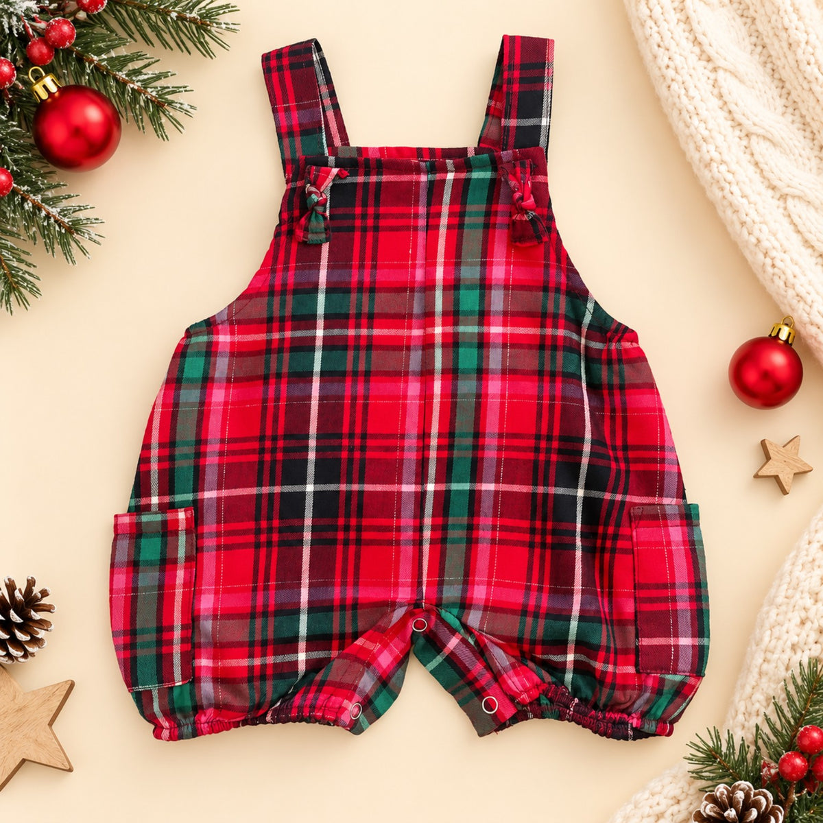 Red green tartan baby overalls front view