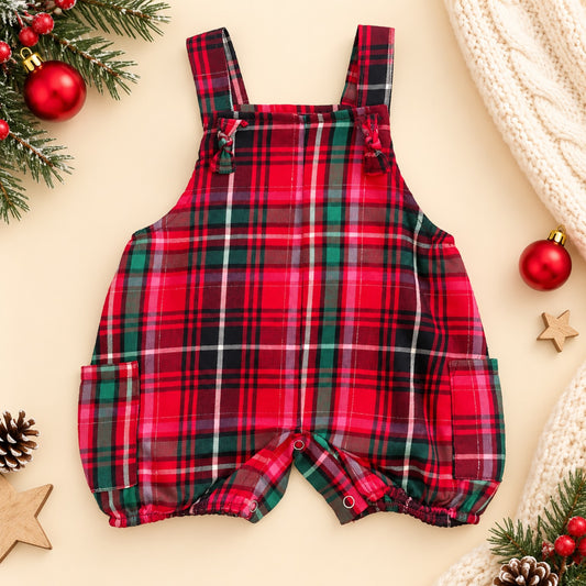 Red green tartan baby overalls front view