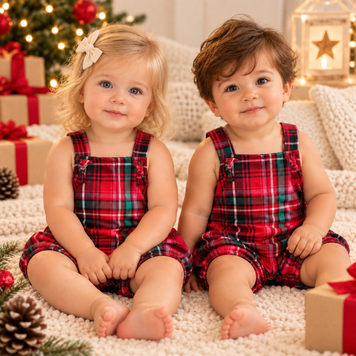 Red green tartan baby overalls unisex front