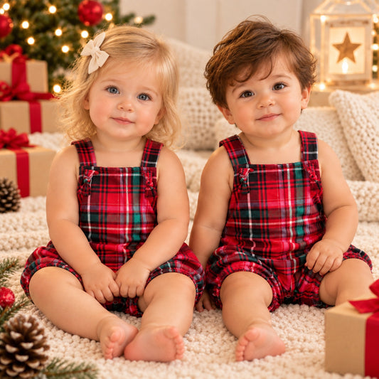 Red green tartan baby overalls unisex front