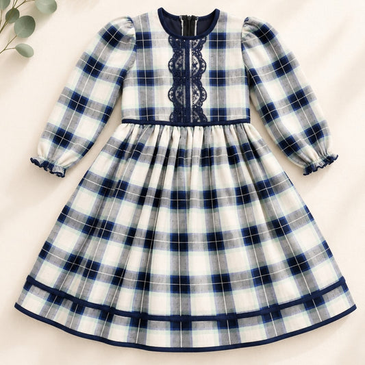 Navy Plaid Cotton Dress with Lace Detail