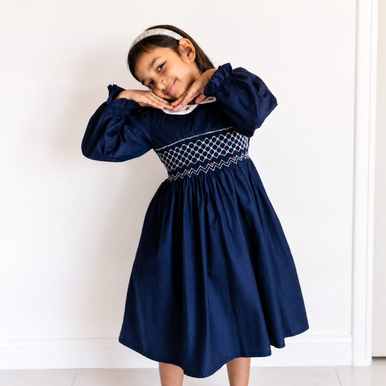 Navy Blue Smocked Girls Dress – Long Sleeve Cotton Dress with Peter Pan Collar