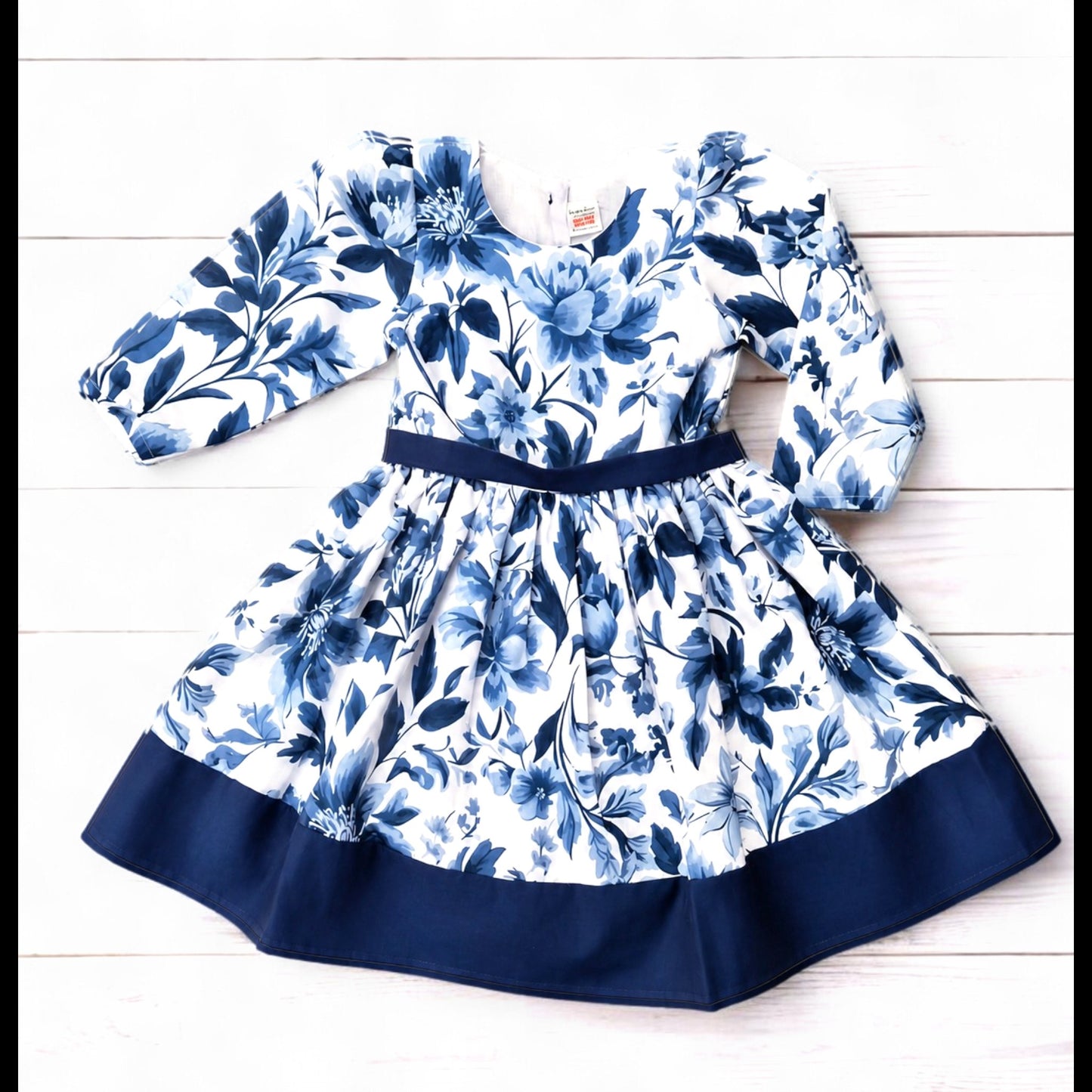 Navy Blue Floral Girls Dress – Long Sleeve Cotton Party Dress with Bow Back