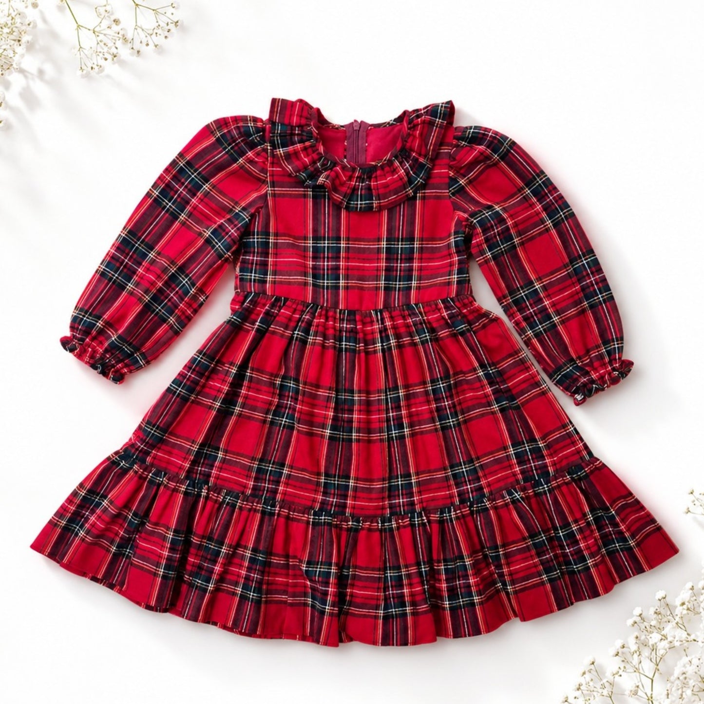 Red Plaid Girls Dress – Long Sleeve Cotton Dress with Frill Collar