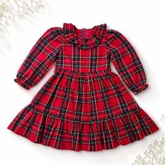 Red Plaid Girls Dress – Long Sleeve Cotton Dress with Frill Collar