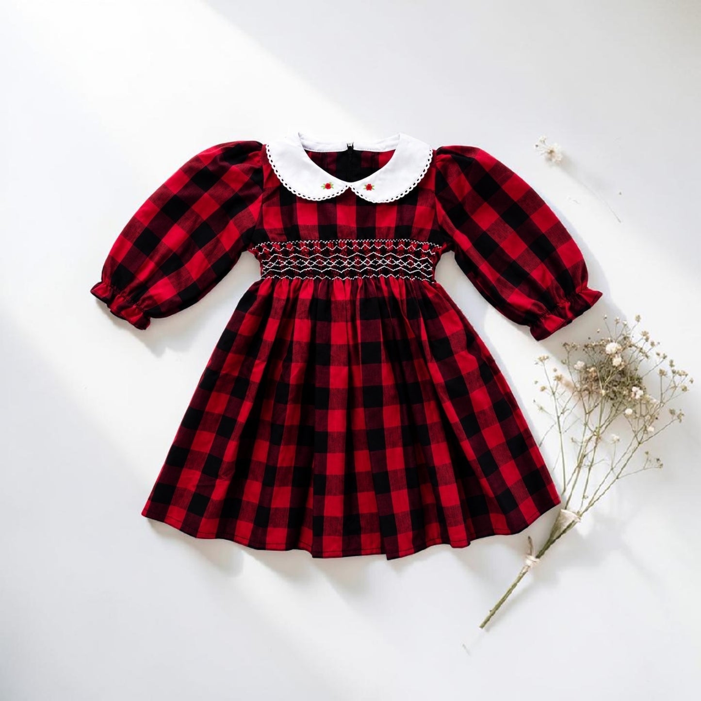 Red Buffalo Plaid Smocked Girls Dress – Long Sleeve Cotton Winter Dress