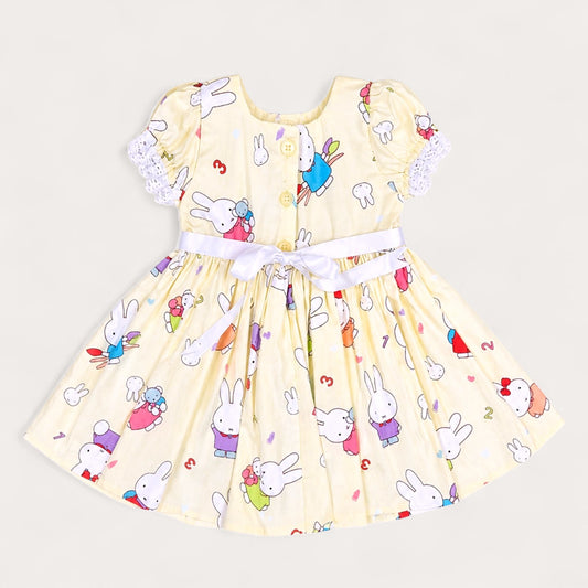 Bunny Print Girls Dress – Cotton Puff Sleeve Matching Sibling Outfit