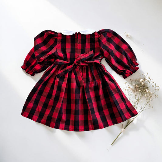 Red Buffalo Plaid Smocked Girls Dress – Long Sleeve Cotton Winter Dress