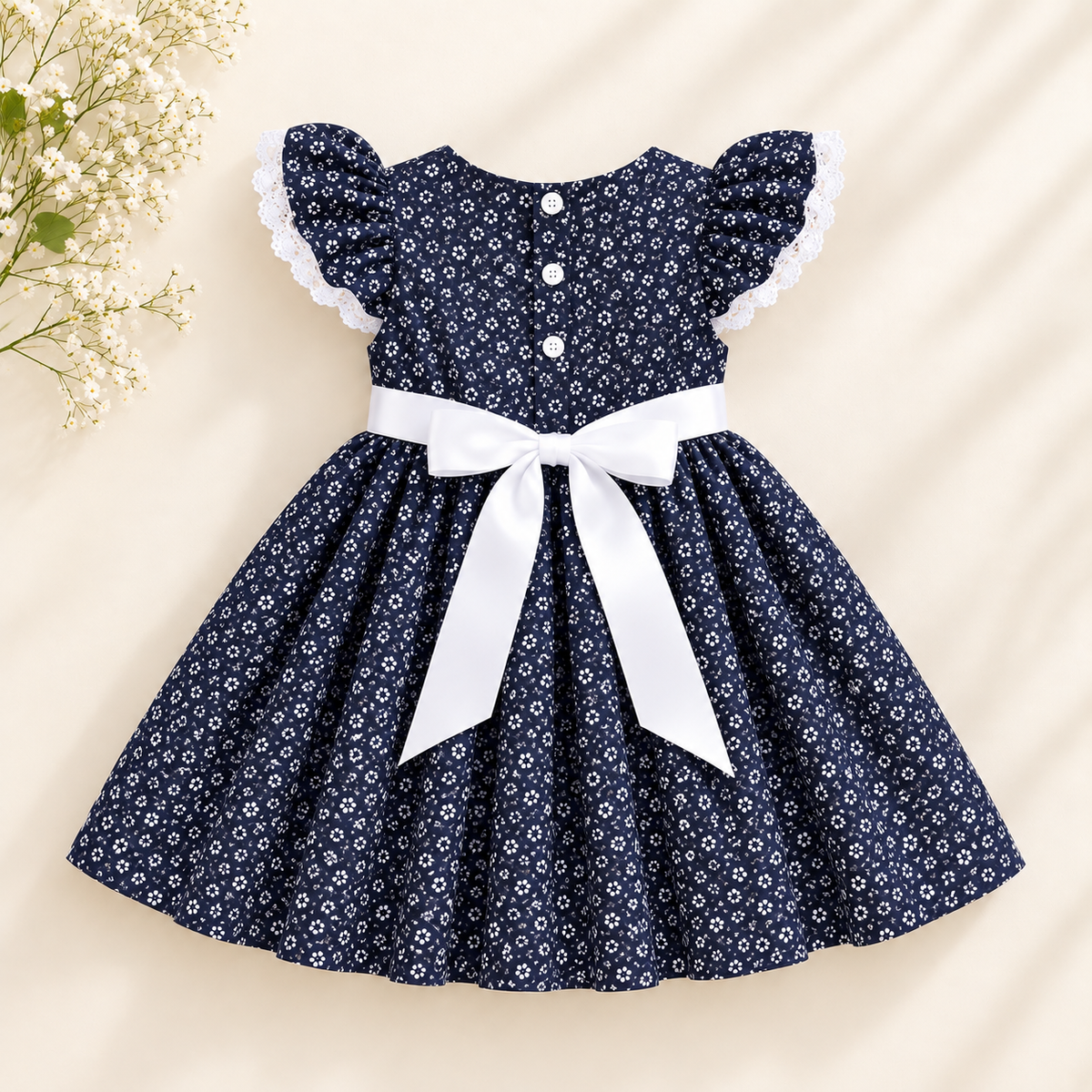 Girls Navy Floral Cotton Dress with White Bow & Lace Sleeves