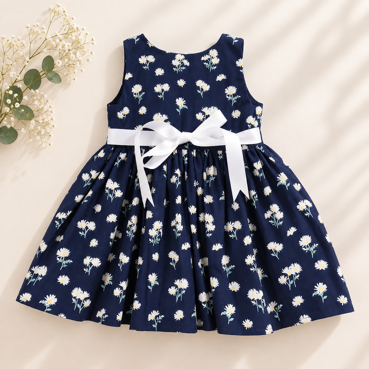 Girls Navy Daisy Floral Cotton Dress with White Bow