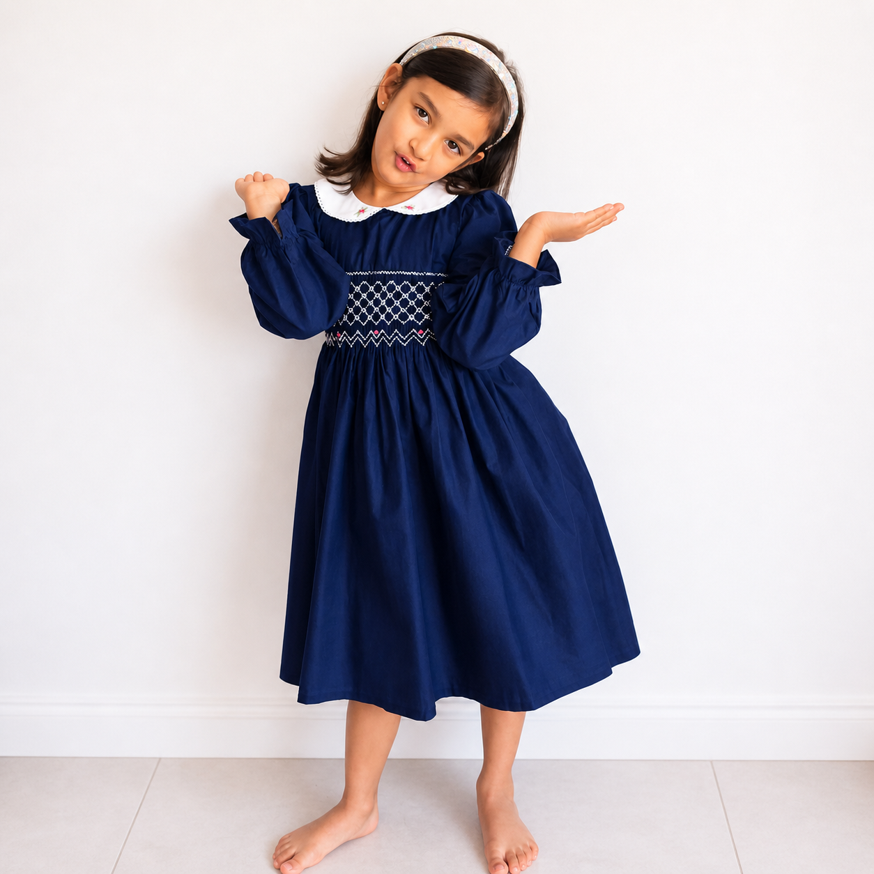 Navy Blue Smocked Girls Dress – Long Sleeve Cotton Dress with Peter Pan Collar