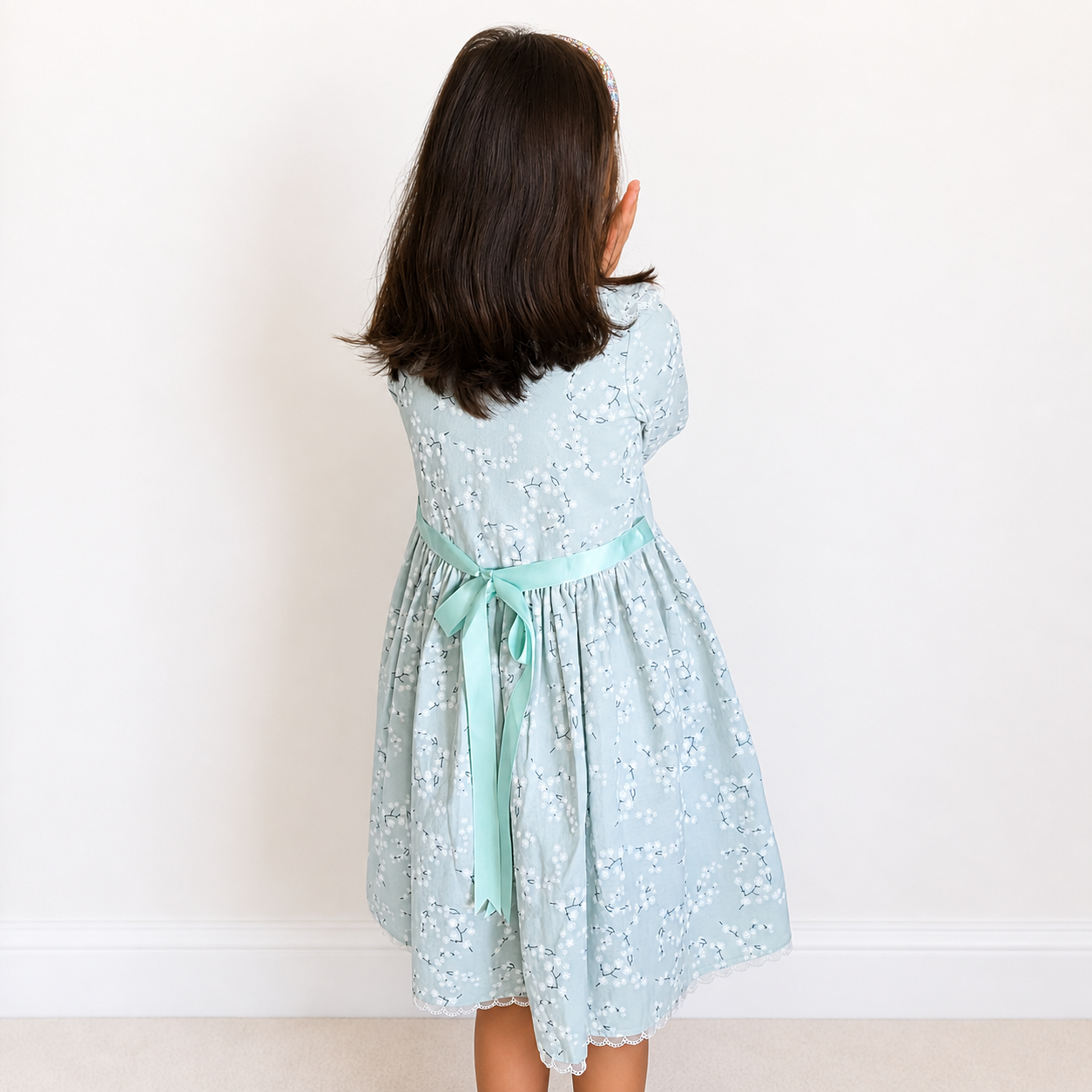 Blue Floral Girls Dress – Long Sleeve Cotton Dress with Lace Collar