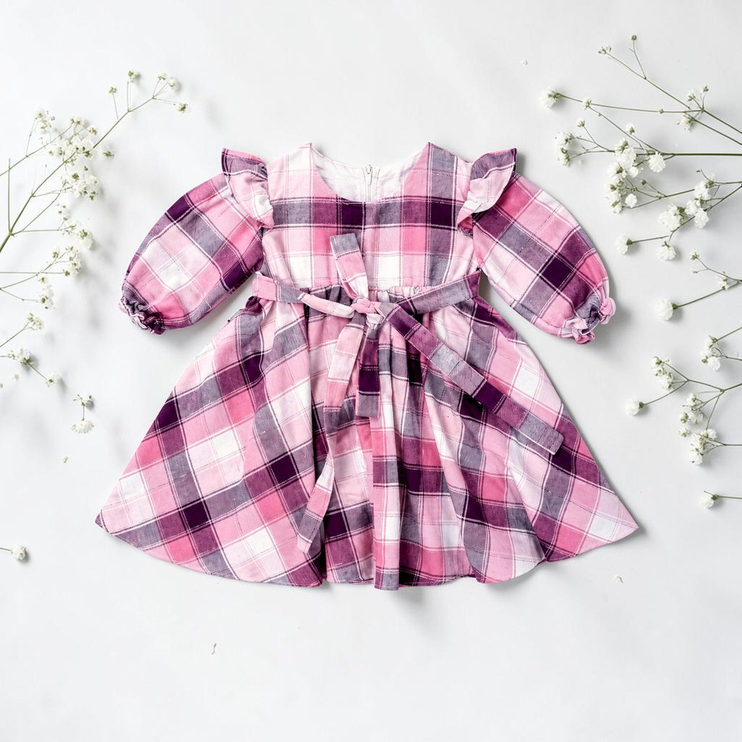 Pink Plaid Girls Dress – Brushed Cotton Flannel Dress with Frill SleevePink