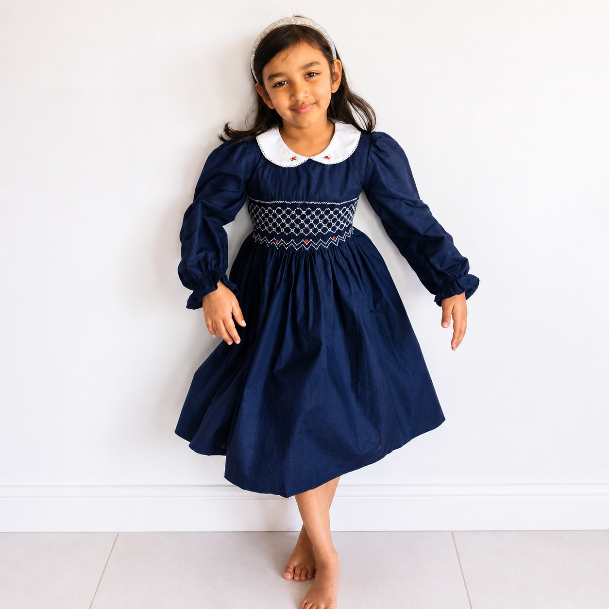 Navy Blue Smocked Girls Dress – Long Sleeve Cotton Dress with Peter Pan Collar