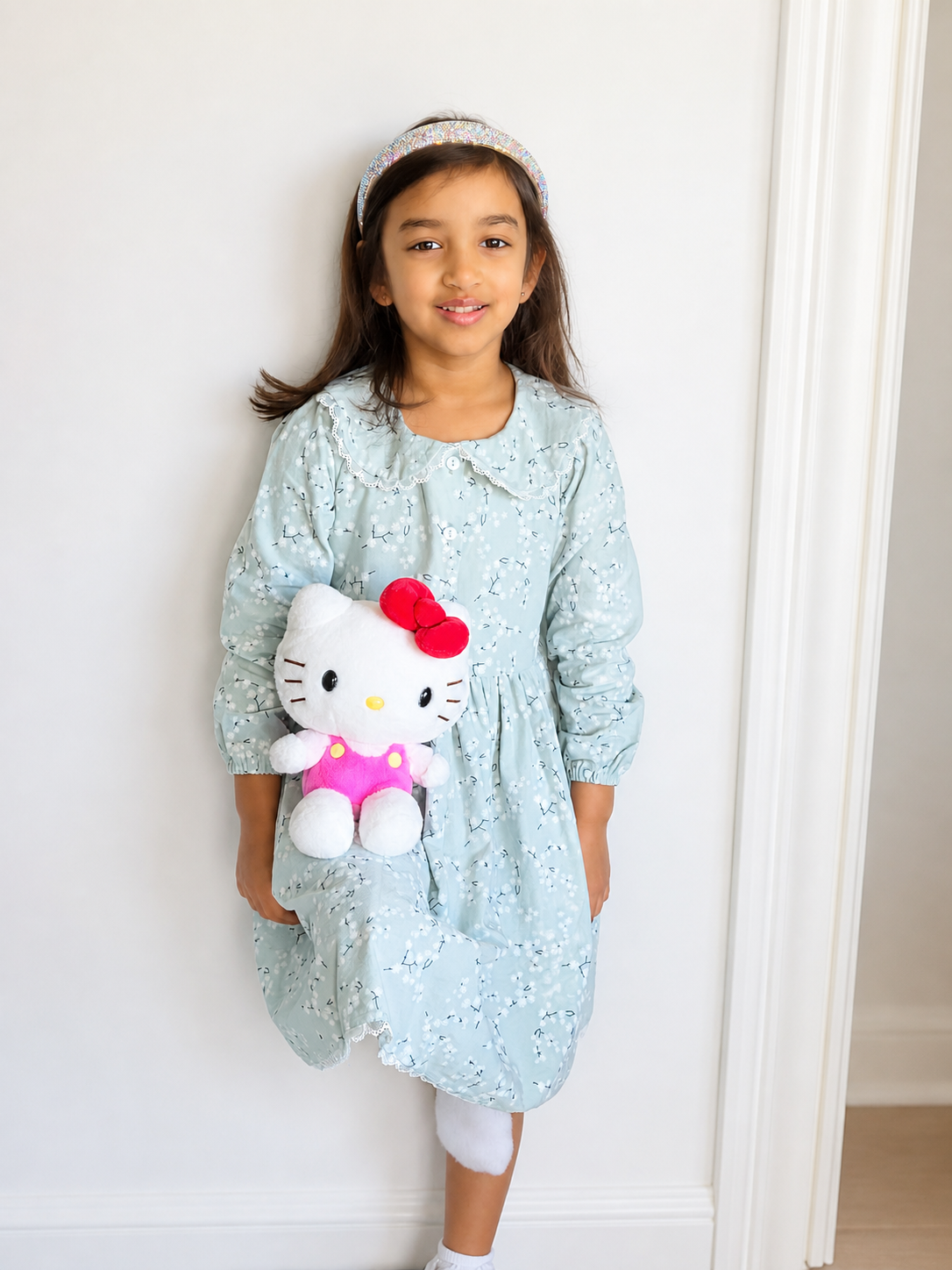 Blue Floral Girls Dress – Long Sleeve Cotton Dress with Lace Collar