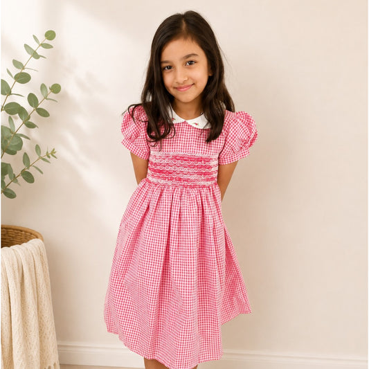 Hand Smocked Red & White Gingham Girls Dress