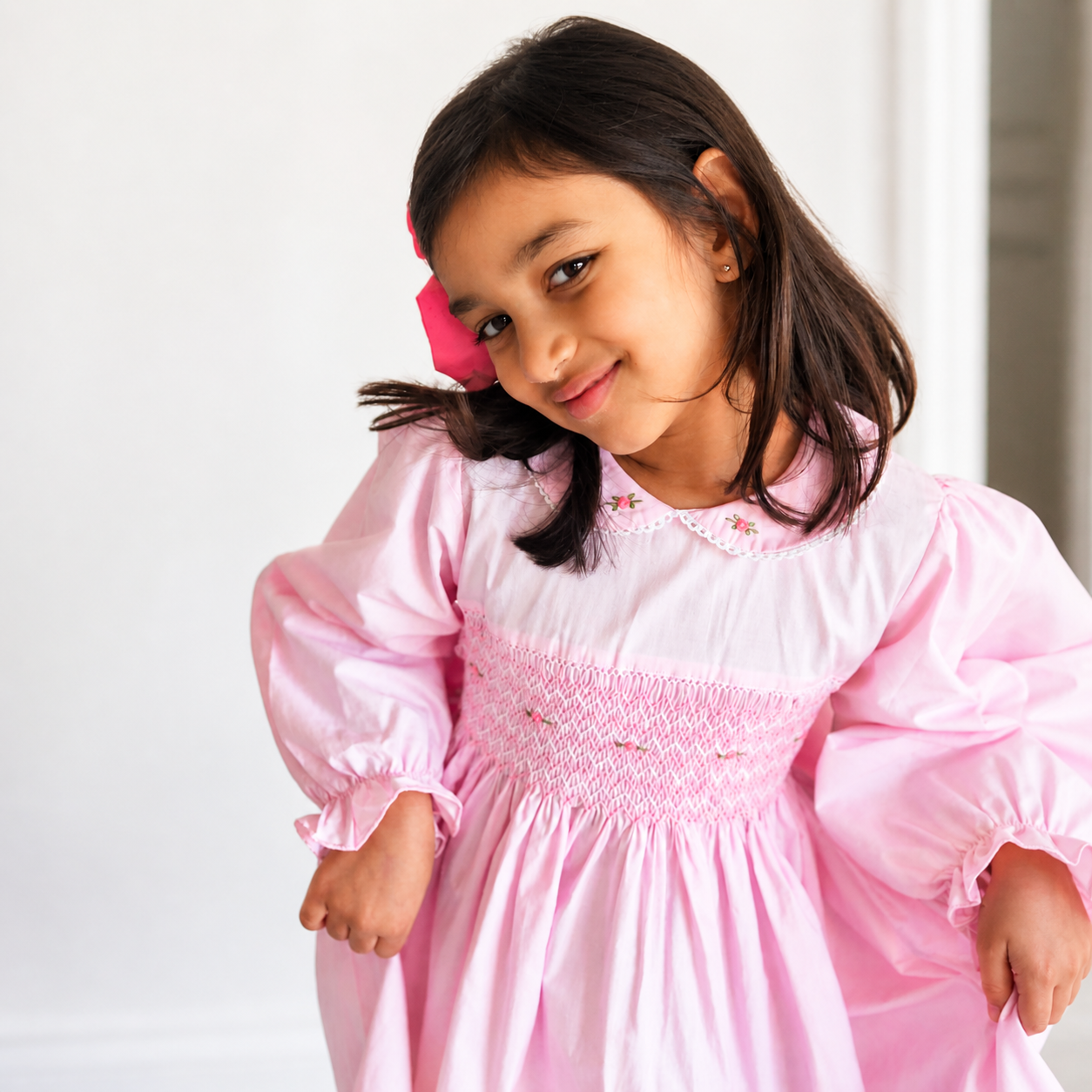 Pink Smocked Girls Dress – Long Sleeve Cotton Dress with Frill Hem