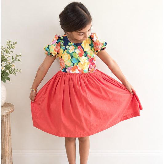 Girls Floral Cotton Dress with Puff Sleeves & Bow
