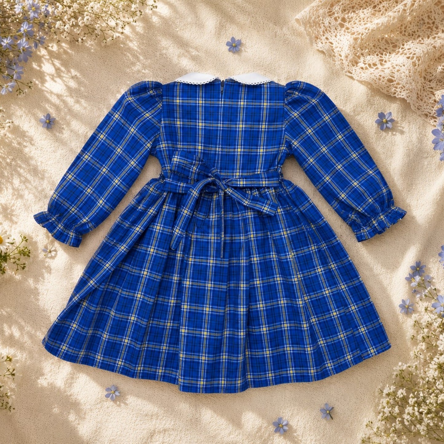 Blue Plaid Smocked Girls Dress – Long Sleeve Cotton Dress with Peter Pan Collar