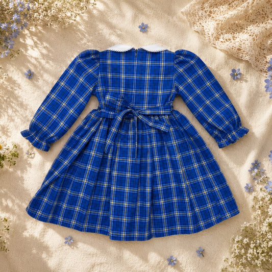 Blue Plaid Smocked Girls Dress – Long Sleeve Cotton Dress with Peter Pan Collar
