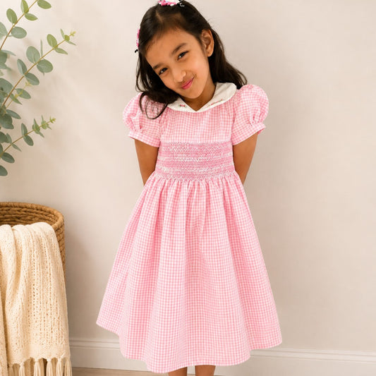 Pink Gingham Hand Smocked Girls Dress
