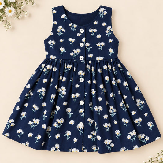 Girls Navy Daisy Floral Cotton Dress with White Bow