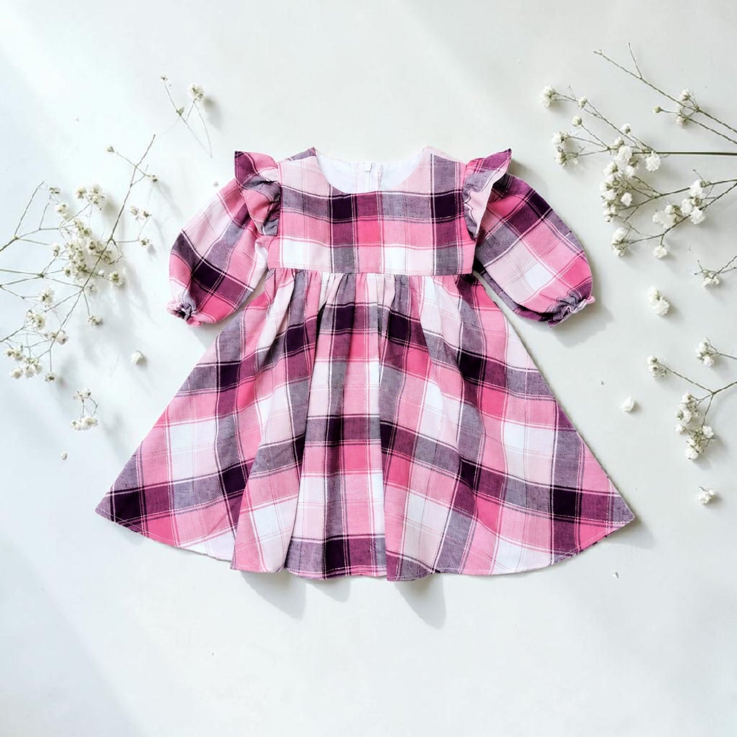 Pink Plaid Girls Dress – Brushed Cotton Flannel Dress with Frill SleevePink
