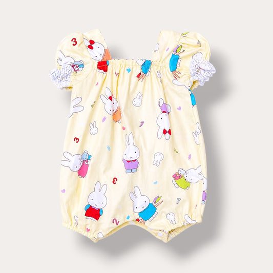 Bunny Print Baby Romper – Cotton Puff Sleeve Playsuit with Lace Detail
