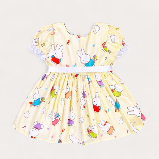 Bunny Print Girls Dress – Cotton Puff Sleeve Matching Sibling Outfit