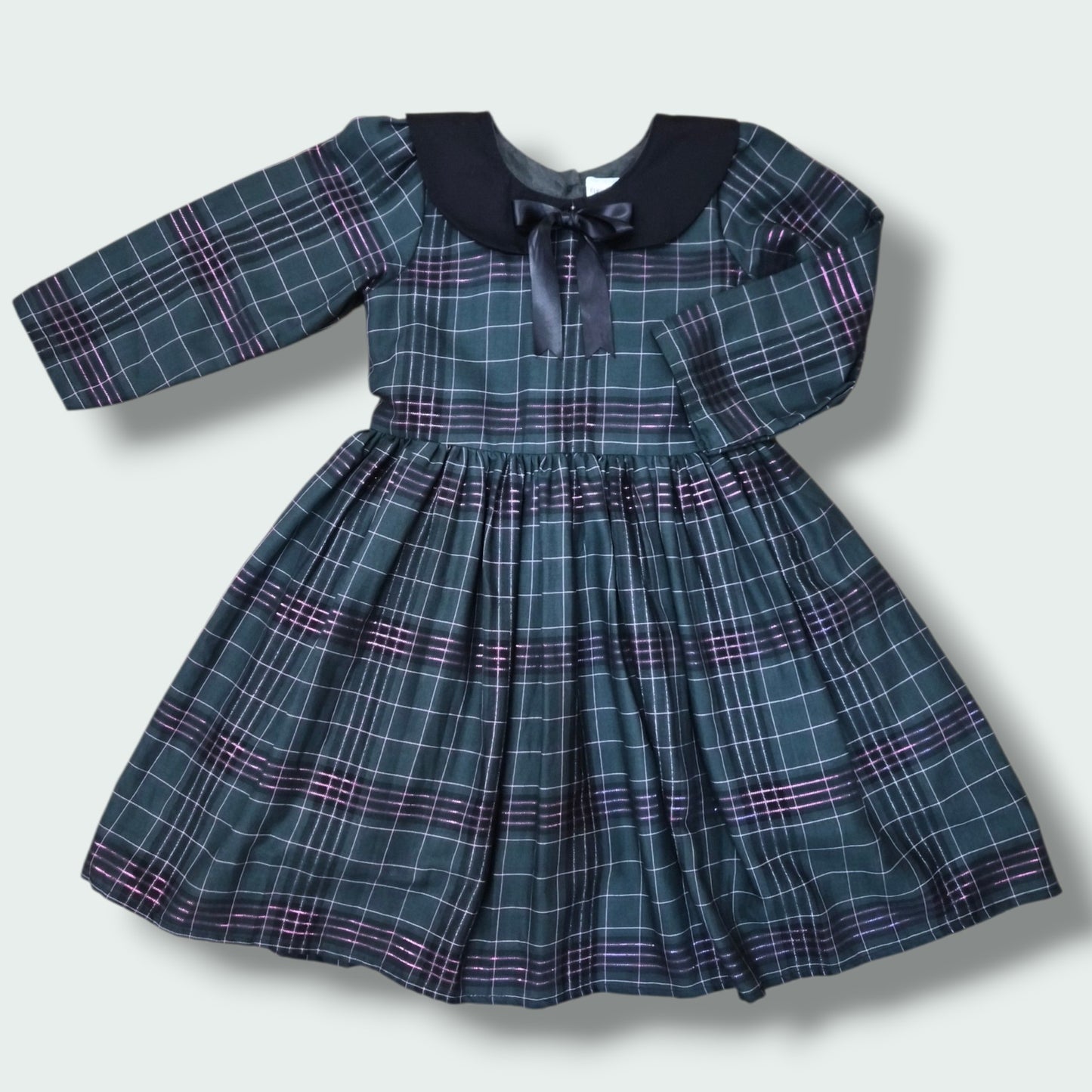 Green Plaid Girls Dress – Long Sleeve Cotton Dress with Peter Pan Collar