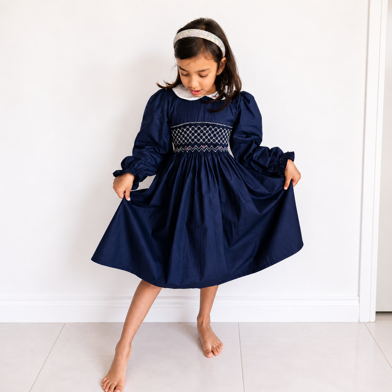 Navy Blue Smocked Girls Dress – Long Sleeve Cotton Dress with Peter Pan Collar