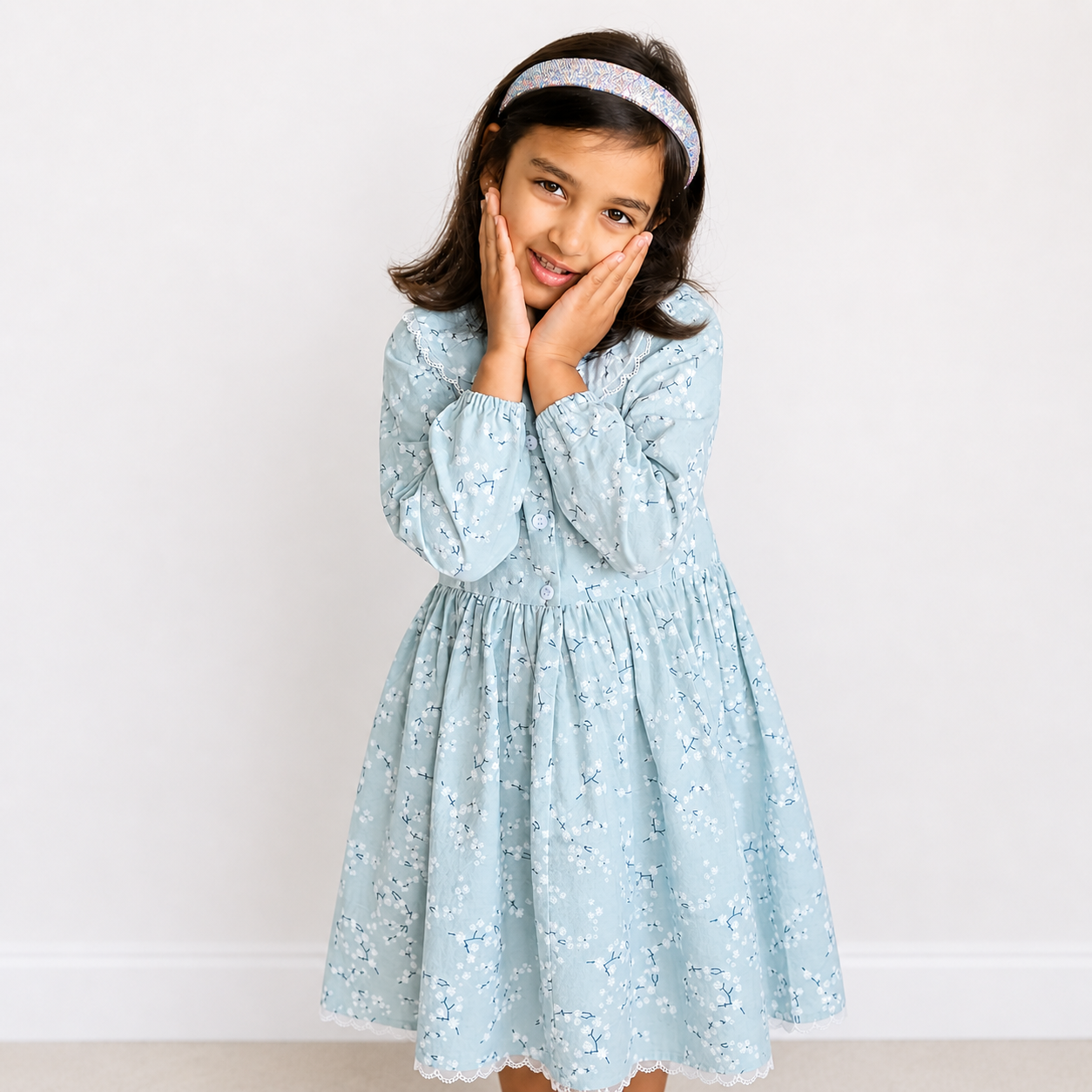 Blue Floral Girls Dress – Long Sleeve Cotton Dress with Lace Collar