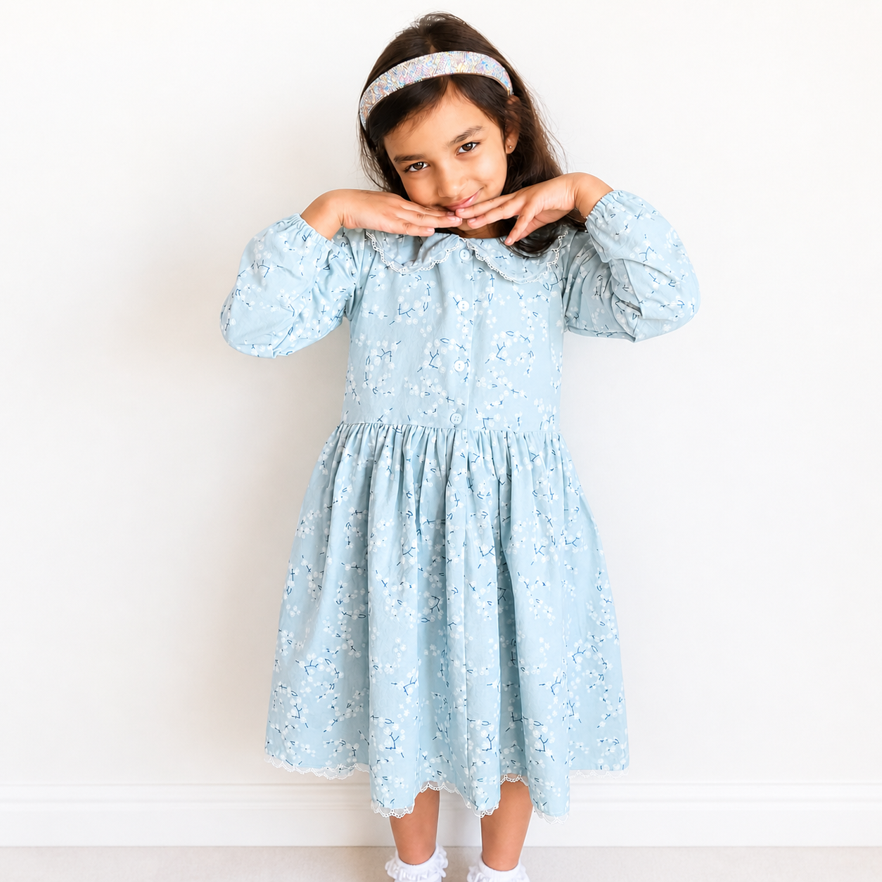 Blue Floral Girls Dress – Long Sleeve Cotton Dress with Lace Collar