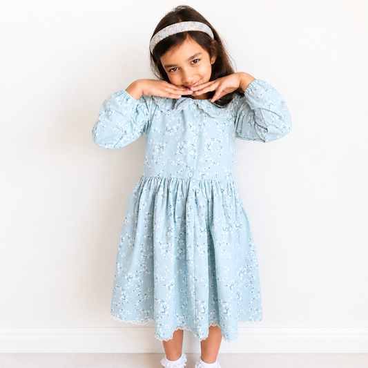 Blue Floral Girls Dress – Long Sleeve Cotton Dress with Lace Collar