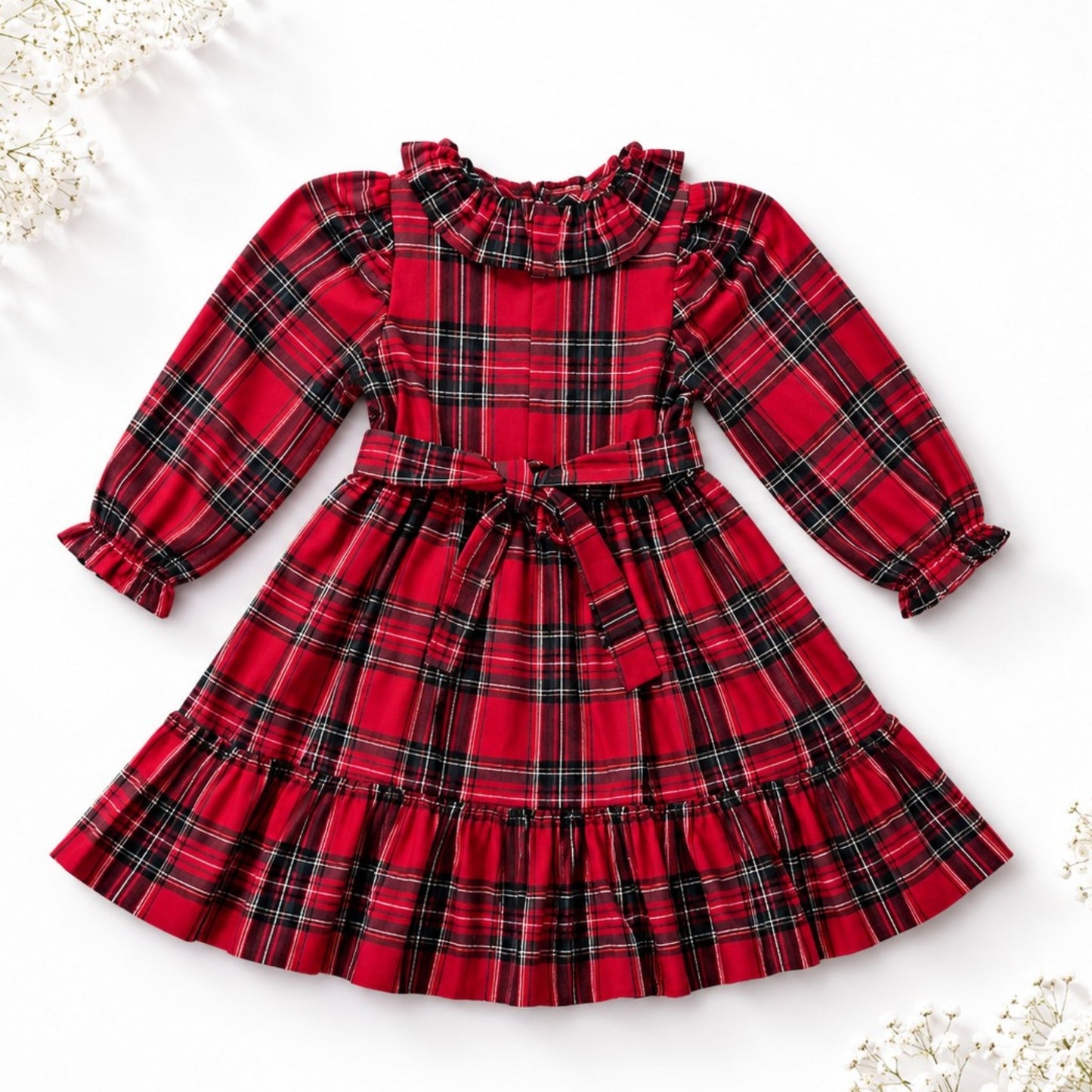 Red Plaid Girls Dress – Long Sleeve Cotton Dress with Frill Collar