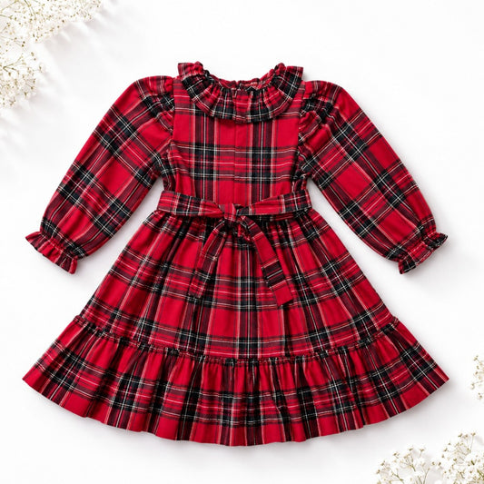 Red Plaid Girls Dress – Long Sleeve Cotton Dress with Frill Collar