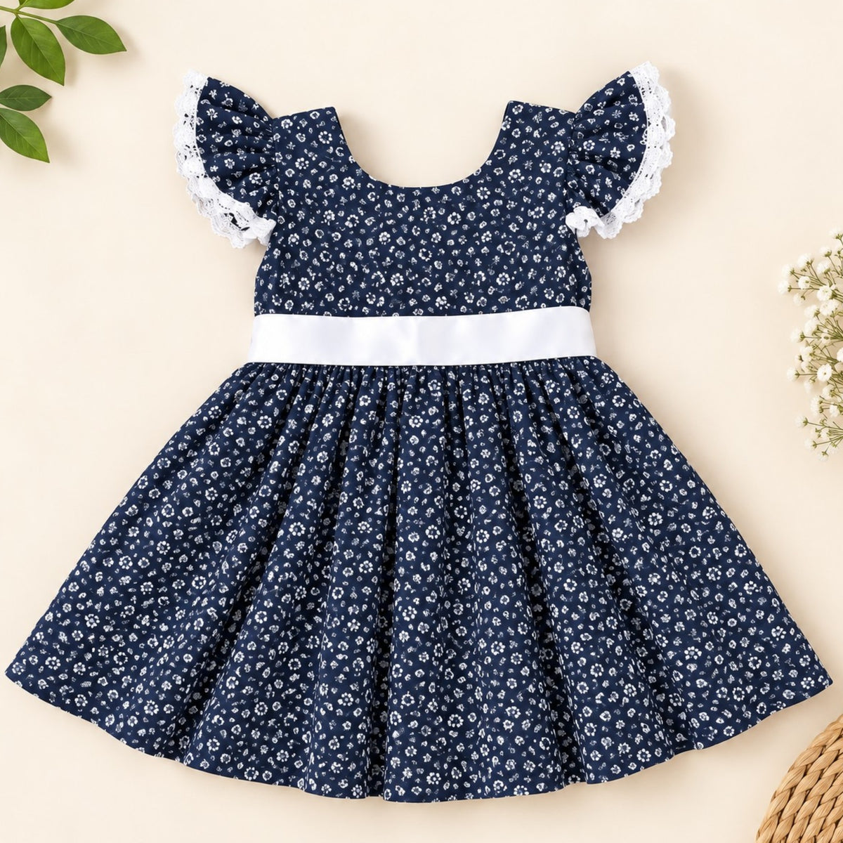 Girls Navy Floral Cotton Dress with White Bow & Lace Sleeves