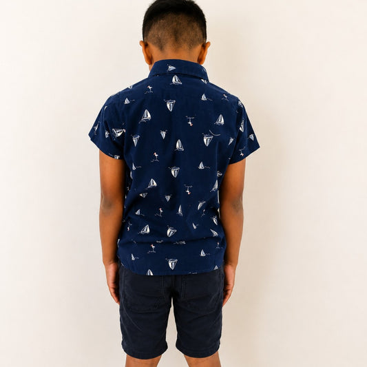 Boys Navy Sailboat Print Short Sleeve Shirt