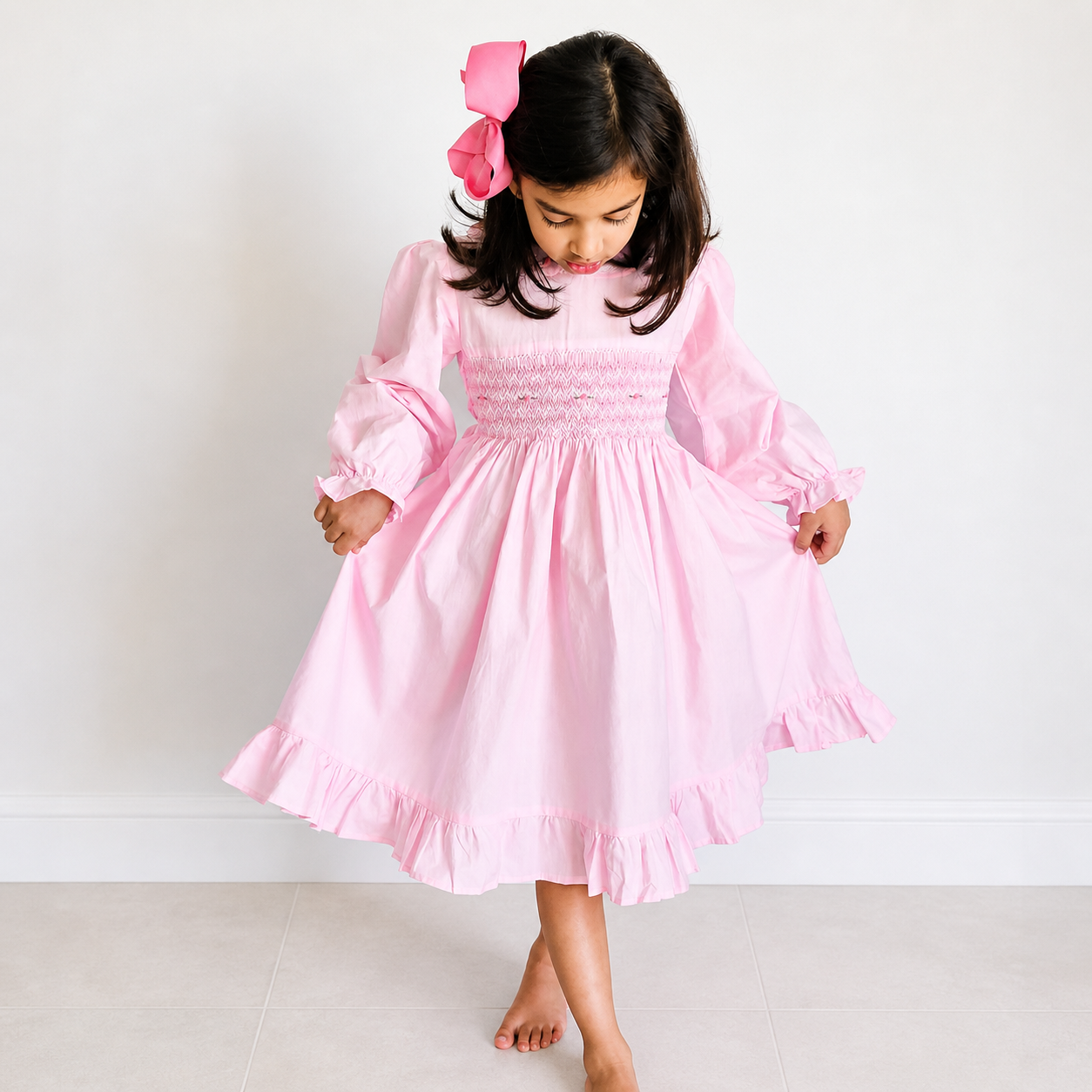 Pink Smocked Girls Dress – Long Sleeve Cotton Dress with Frill Hem