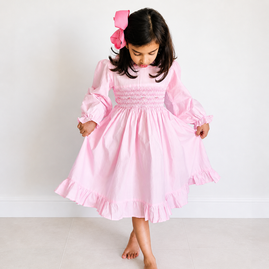 Pink Smocked Girls Dress – Long Sleeve Cotton Dress with Frill Hem