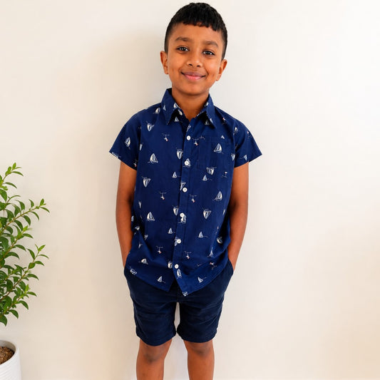 Boys Navy Sailboat Print Short Sleeve Shirt