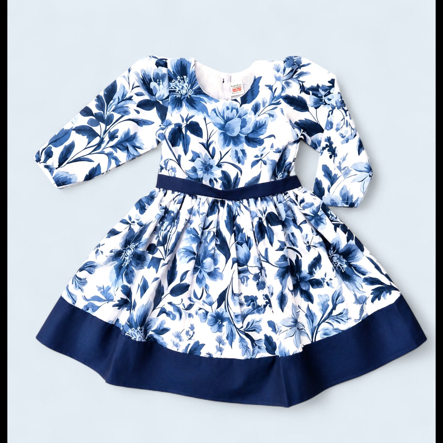 Navy Blue Floral Girls Dress – Long Sleeve Cotton Party Dress with Bow Back