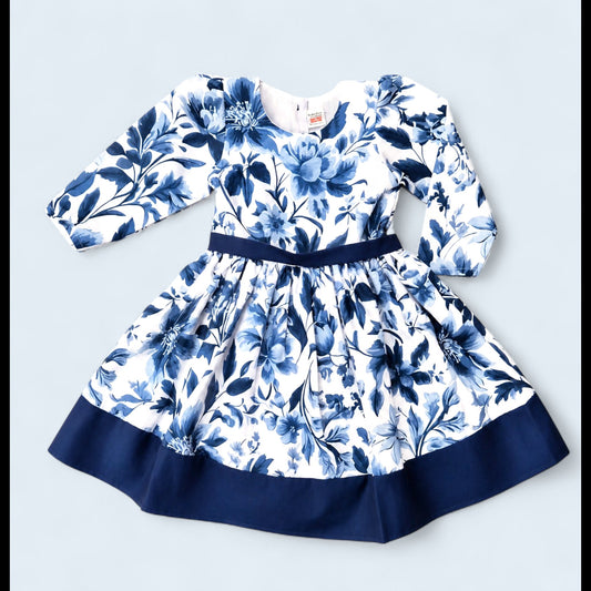 Navy Blue Floral Girls Dress – Long Sleeve Cotton Party Dress with Bow Back