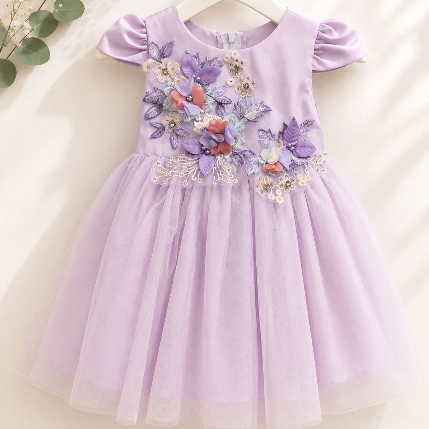 Girls Lavender 3D Floral Tulle Dress | Special Occasion Party Dress