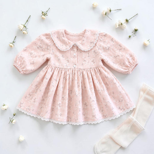Blush Pink Floral Baby Girls Dress – Long Sleeve Cotton Boutique Dress